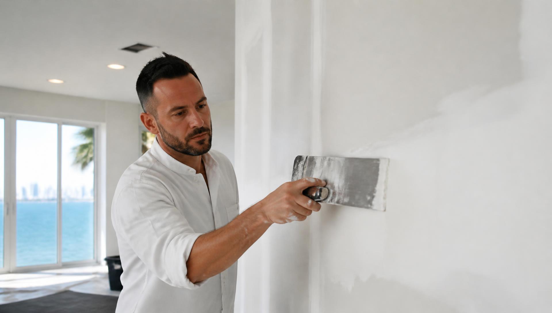 Drywall technician finishing a patched interior wall in a sunlit Miami home.
