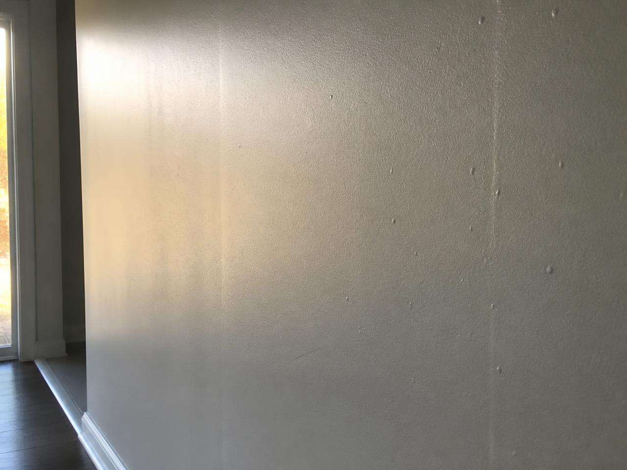 Wall showing joint ridges and stipple picked out by raking light before skim coating.